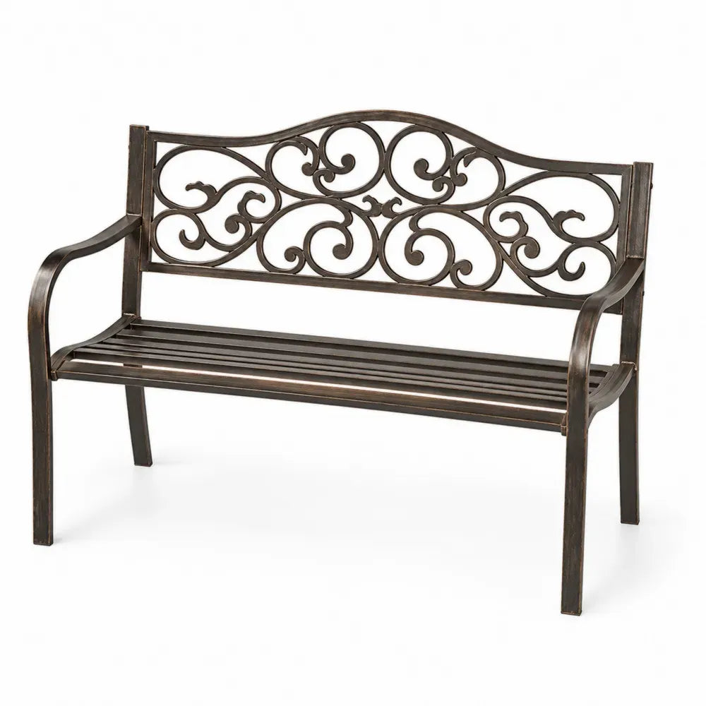 Gartenbank 2 Sitzer rechteckig mit Ornamentrücken Armlehnen pulverbeschichteter Stahl Dunkelbronze Schwarzbraun 127 x 60 x 86 cm