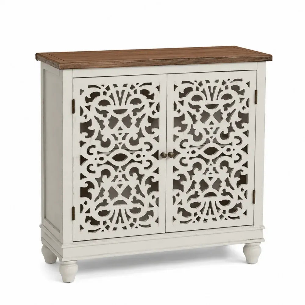 Sideboard Aufbewahrungsschrank mit 2 Türen MDF Paulownia Massivholz rechteckig Creme Braun Antikbronze 100 x 35 x 90 cm