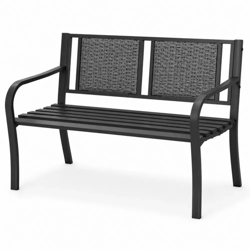 Gartenbank 2 Sitzer rechteckig mit Armlehnen Stahlrahmen PE Geflecht Schwarz Grau 125 x 53 x 77 cm