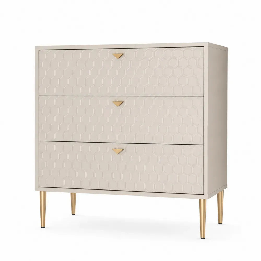 Schlafzimmerkommode Kommode mit 3 Schubladen aus MDF und Stahl rechteckig Creme Goldfarben Schwarz L 90 x T 40 x H 85 cm