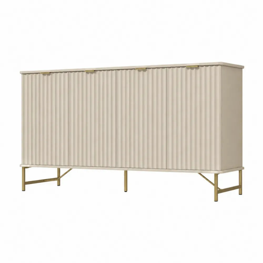 Sideboard Aufbewahrungsschrank mit 4 Türen Rillenfront MDF Spanplatte Stahlgestell rechteckig Cremeweiß Goldfarben 180 x 40 x 82 cm
