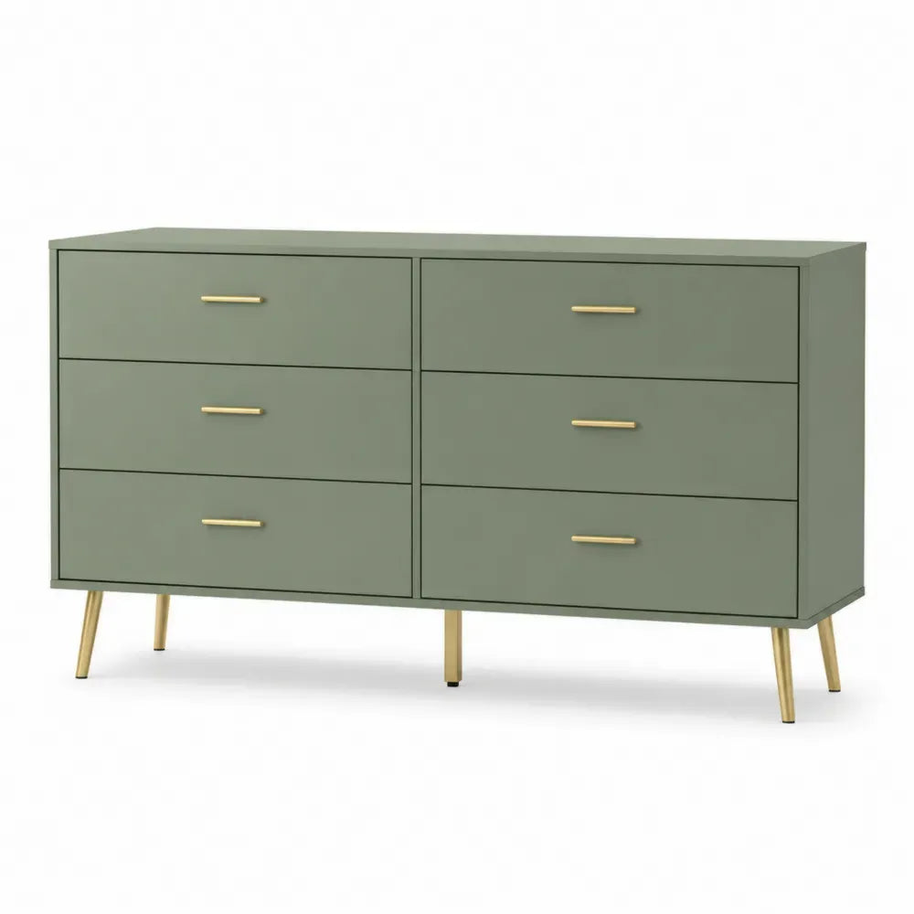 Schlafzimmerkommode Kommode mit 6 Schubladen aus MDF und Stahl rechteckig Salbeigrün Goldfarben L 140 x T 40 x H 78 cm