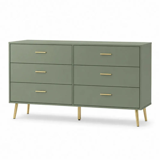 Schlafzimmerkommode Kommode mit 6 Schubladen aus MDF und Stahl rechteckig Salbeigrün Goldfarben L 140 x T 40 x H 78 cm