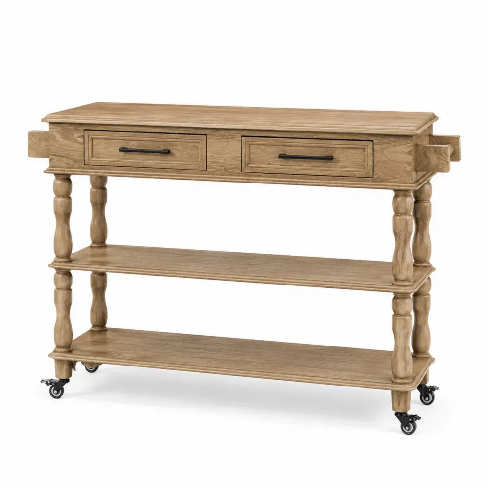 Sideboard auf Rollen mit 2 Schubladen 2 Ablagen rechteckig Kautschukholz MDF Naturbraun Schwarz 120 x 40 x 90 cm
