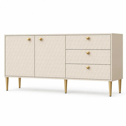 Sideboard Aufbewahrungsschrank mit 2 Türen 3 Schubladen MDF Polyurethanlack rechteckig Creme Goldfarben 160 x 40 x 80 cm