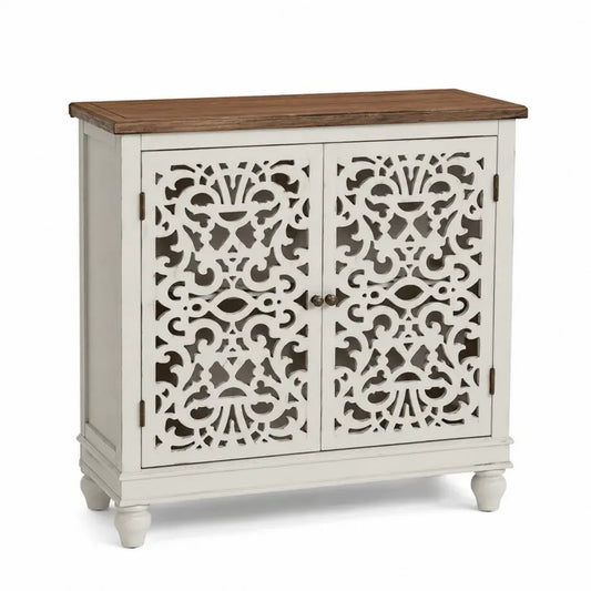 Sideboard Aufbewahrungsschrank mit 2 Türen MDF Paulownia Massivholz rechteckig Creme Braun Antikbronze 100 x 35 x 90 cm