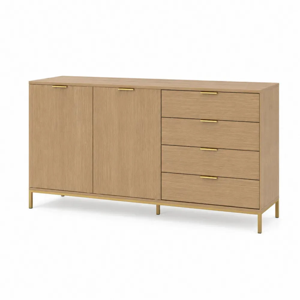 Sideboard mit 2 Türen und 4 Schubladen rechteckig Spanplatte Stahl Eiche hell Goldfarben 160 x 40 x 82 cm