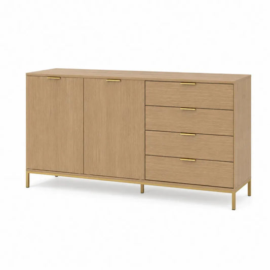 Sideboard mit 2 Türen und 4 Schubladen rechteckig Spanplatte Stahl Eiche hell Goldfarben 160 x 40 x 82 cm