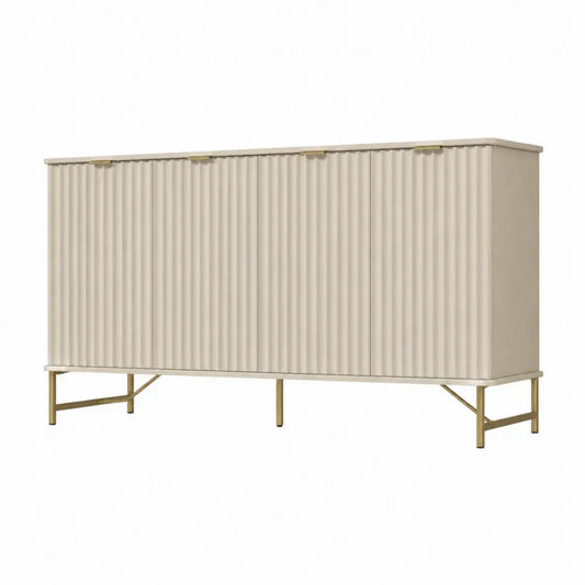 Sideboard Aufbewahrungsschrank mit 4 Türen Rillenfront MDF Spanplatte Stahlgestell rechteckig Cremeweiß Goldfarben 180 x 40 x 82 cm