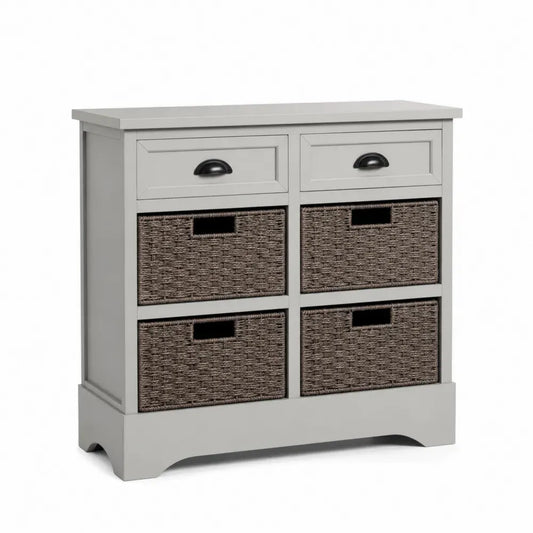 Aufbewahrungsschrank Kommode mit 2 Schubladen 4 Körben MDF PE-Rattan rechteckig Grau Braun Schwarz 80 x 35 x 78 cm