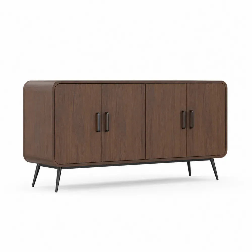 Sideboard Aufbewahrungsschrank mit 4 Türen MDF Walnussfurnier Stahlbeine rechteckig Braun Schwarz 180 x 42 x 75 cm