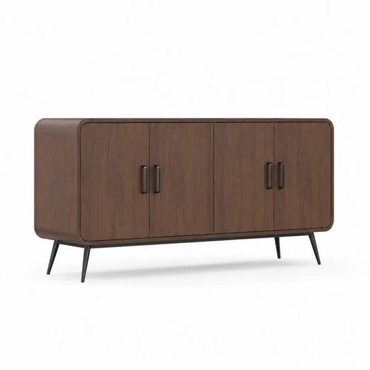 Sideboard Aufbewahrungsschrank mit 4 Türen MDF Walnussfurnier Stahlbeine rechteckig Braun Schwarz 180 x 42 x 75 cm